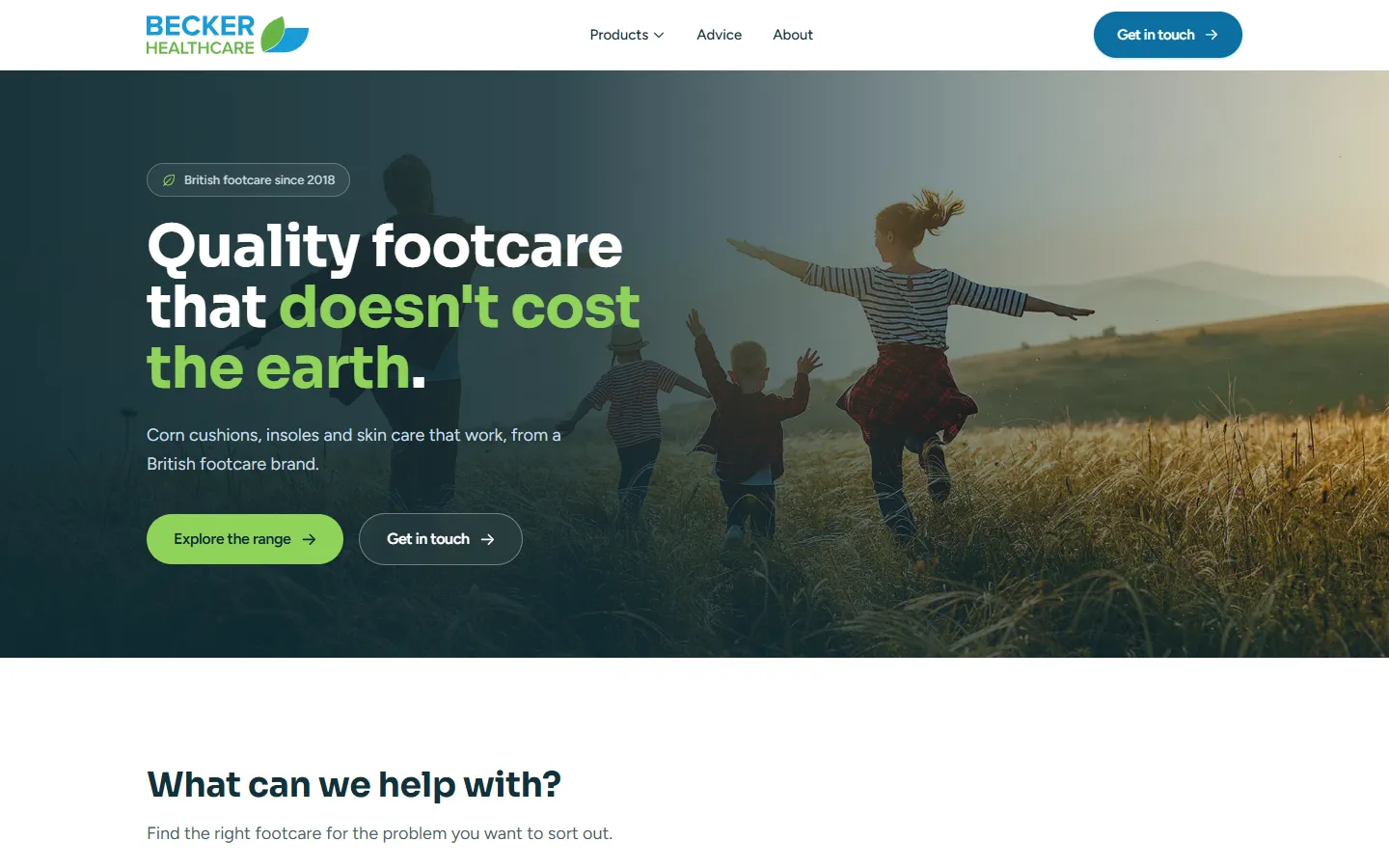 Becker Healthcare website home page: Quality footcare that does not cost the earth, over a family running through a field at sunset