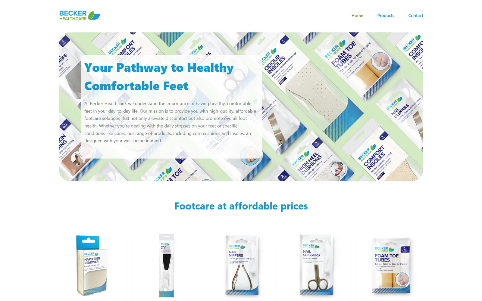 Becker Healthcare e-commerce homepage selling UK insoles, corn cushions and foot-health products