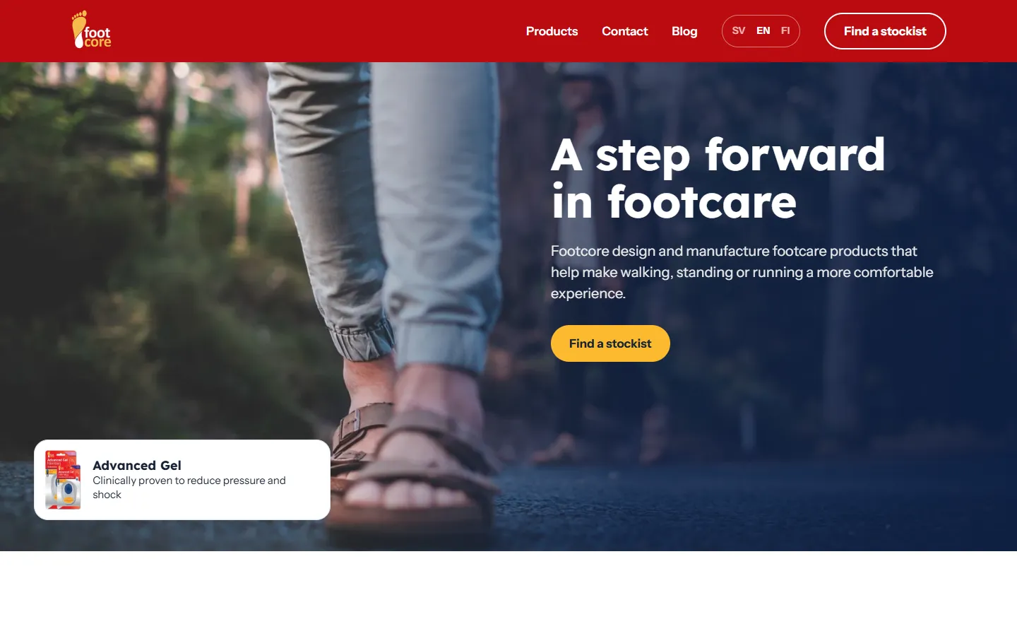 Footcore website, English version: A step forward in footcare over a photo of a walker in sandals, with a Find a stockist button