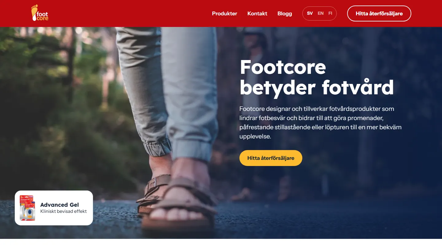 The bilingual Footcore website, shown in Swedish, with a walking shot and a Find a retailer button