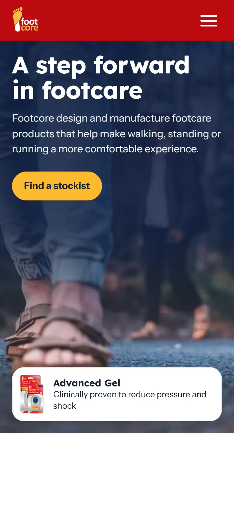 Footcore English home page on a phone, with the Find a stockist button and an Advanced Gel product card