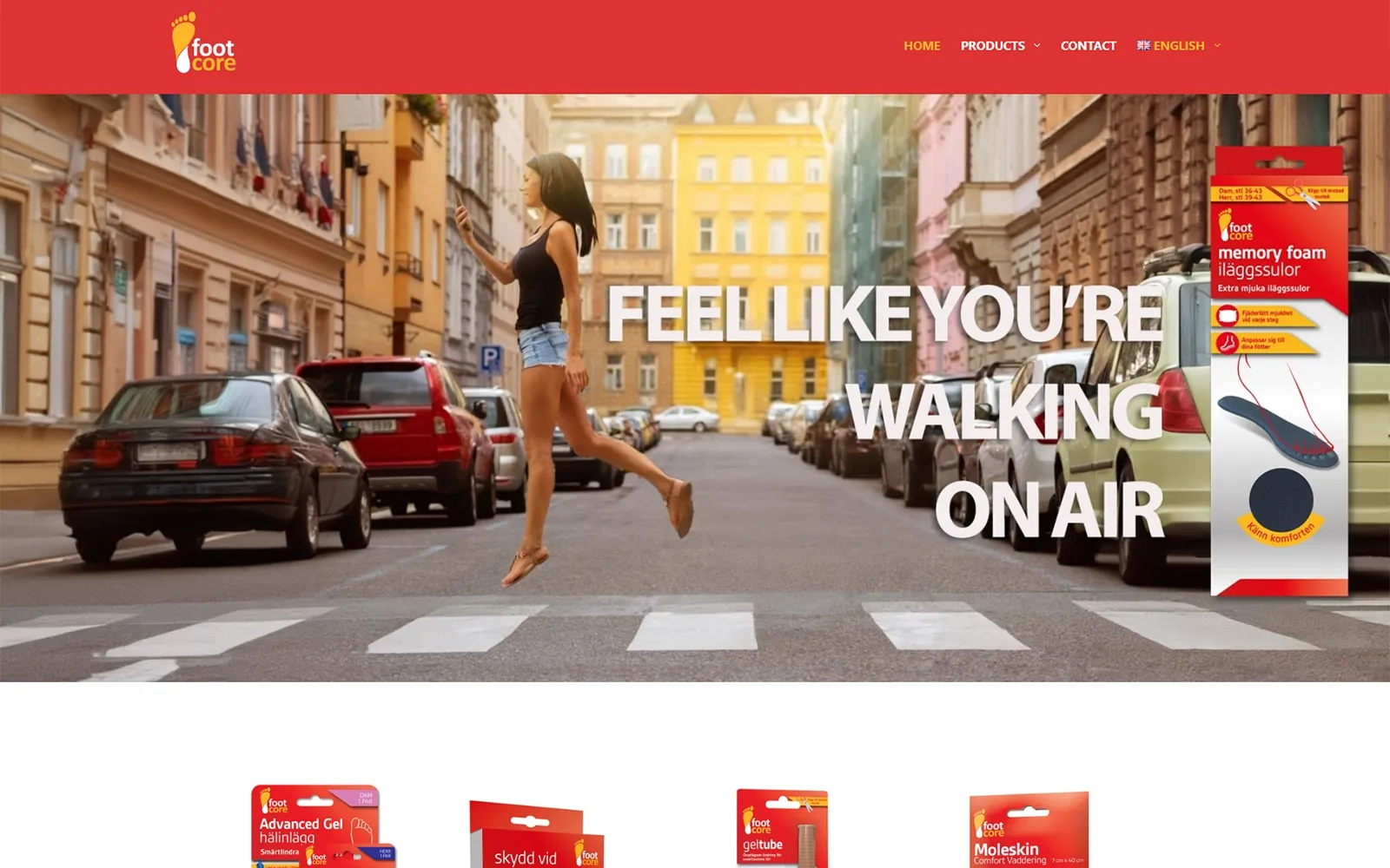 Footcore bilingual English/Swedish homepage — Watford-based footcare manufacturer of gel insoles and bunion supports