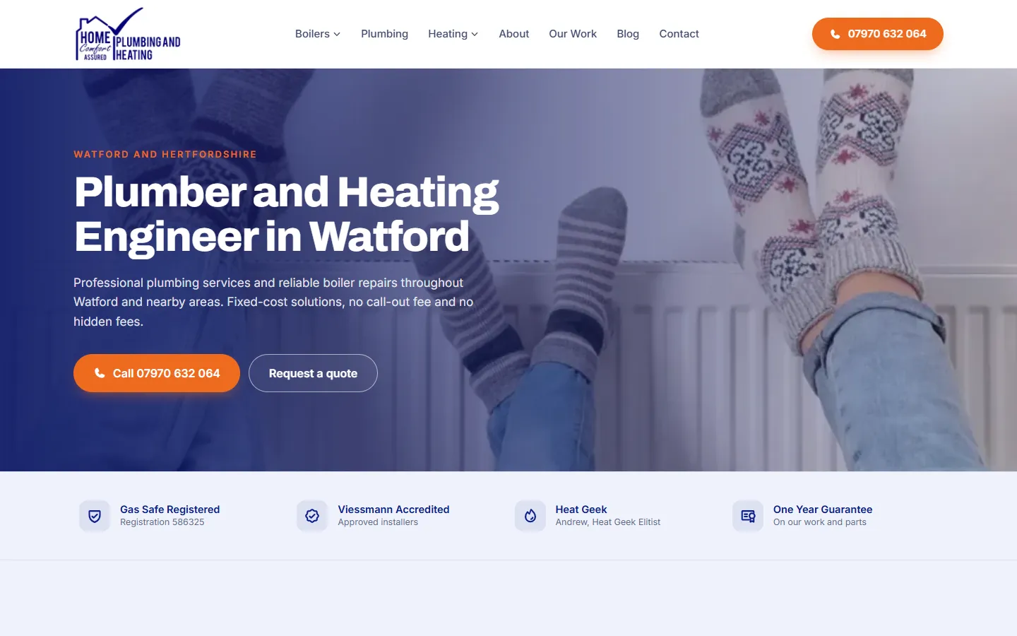 Home Comfort Assured website home page: Plumber and Heating Engineer in Watford, with call and quote buttons and Gas Safe, Viessmann and Heat Geek credentials