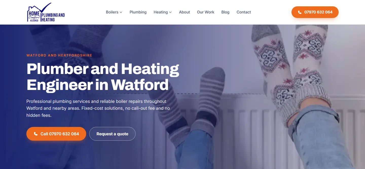 The Home Comfort Assured plumbing and heating website we built and look after, showing its Watford hero with call and quote buttons