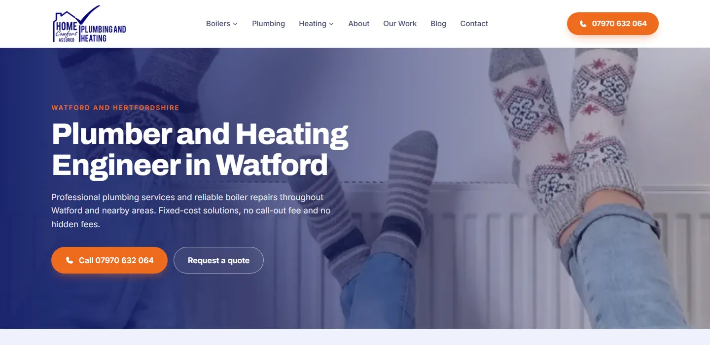 Home Comfort Assured website home page: Plumber and Heating Engineer in Watford, with call and quote buttons