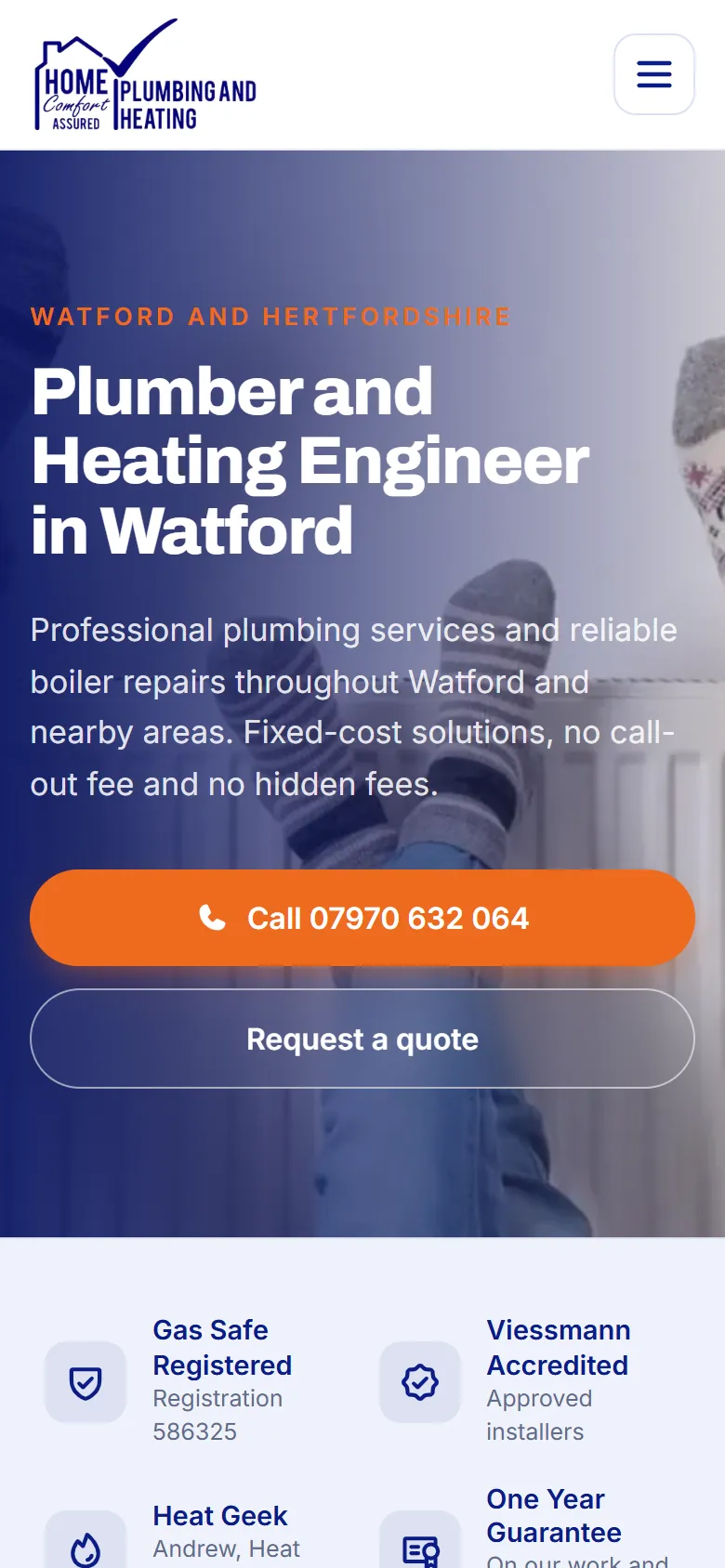 Home Comfort Assured home page on a phone, with the orange call button and Request a quote