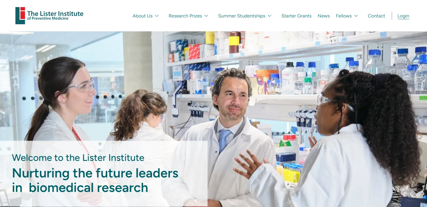 The Lister Institute website home page, with scientists in a laboratory and the line Nurturing the future leaders in biomedical research