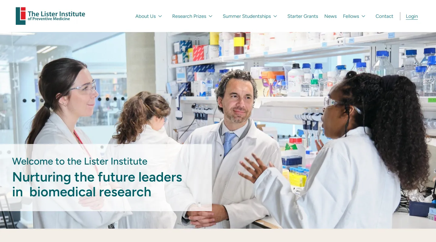 The Lister Institute website we rebuilt: a charity home page with scientists in a laboratory and clear routes to Fellowships, Studentships and Grants
