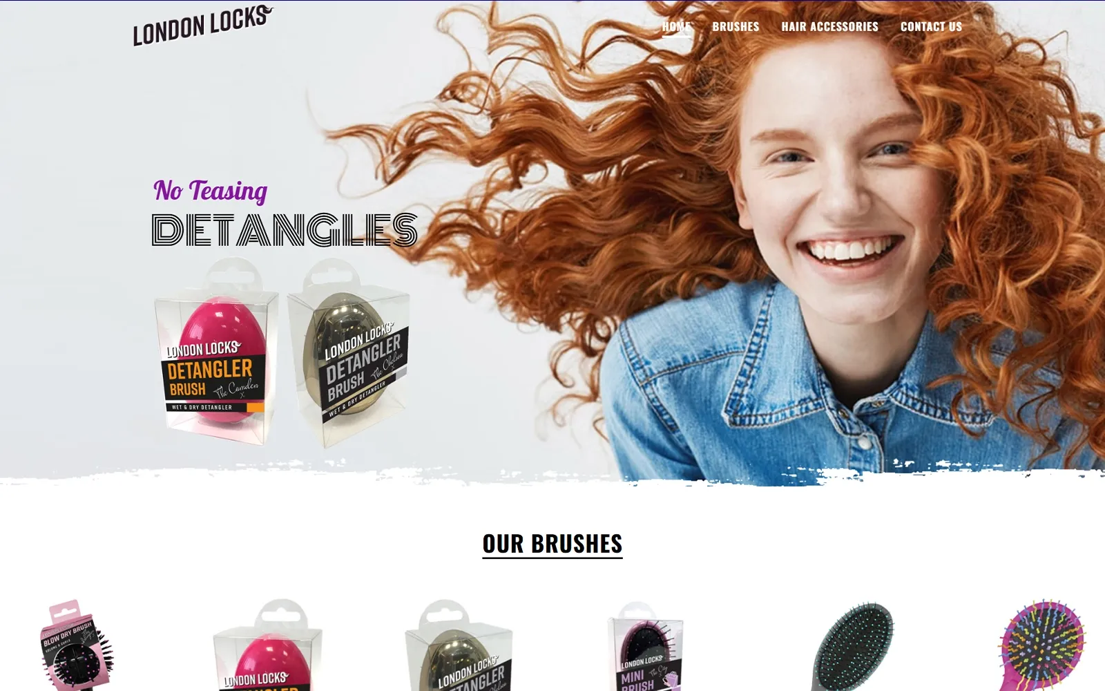 London Locks Hair homepage showing detangling brushes designed for curly and textured hair