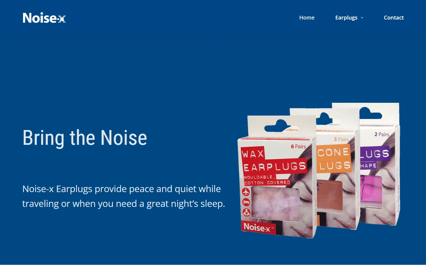Noise-x website home page on a blue ground: Bring the Noise, beside packs of wax, cone and shaped earplugs