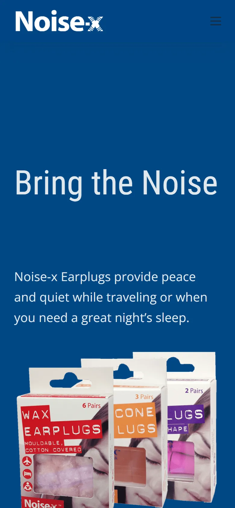 Noise-x home page on a phone, with the Bring the Noise headline and earplug packs