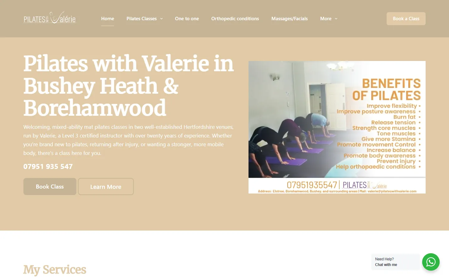 The Pilates with Valerie website home page, with the booking system built by Stuffed Monkey