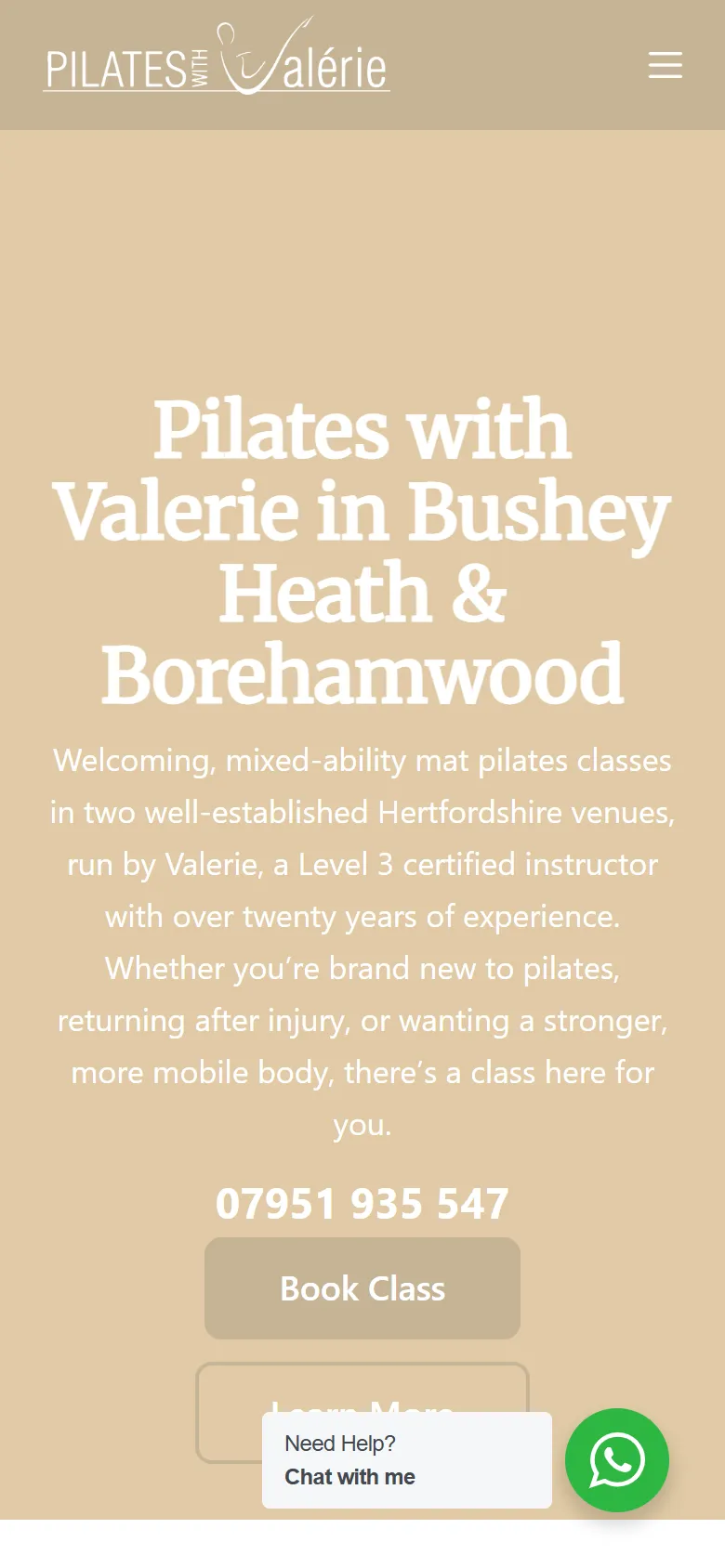 Pilates with Valerie home page on a phone, with the phone number and Book Class button