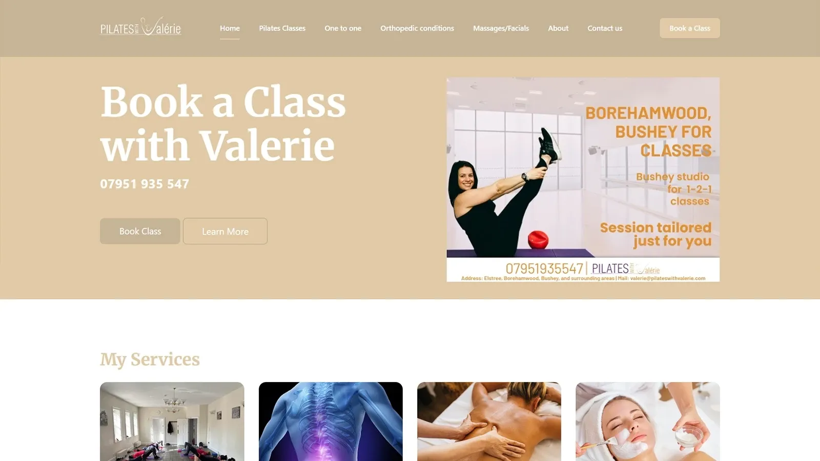 The Pilates with Valerie website, with a Book a Class button leading into her bespoke booking system