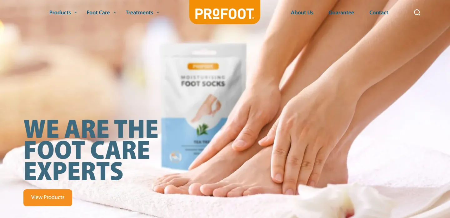 Profoot website home page: We are the foot care experts, with moisturising foot socks and a View Products button