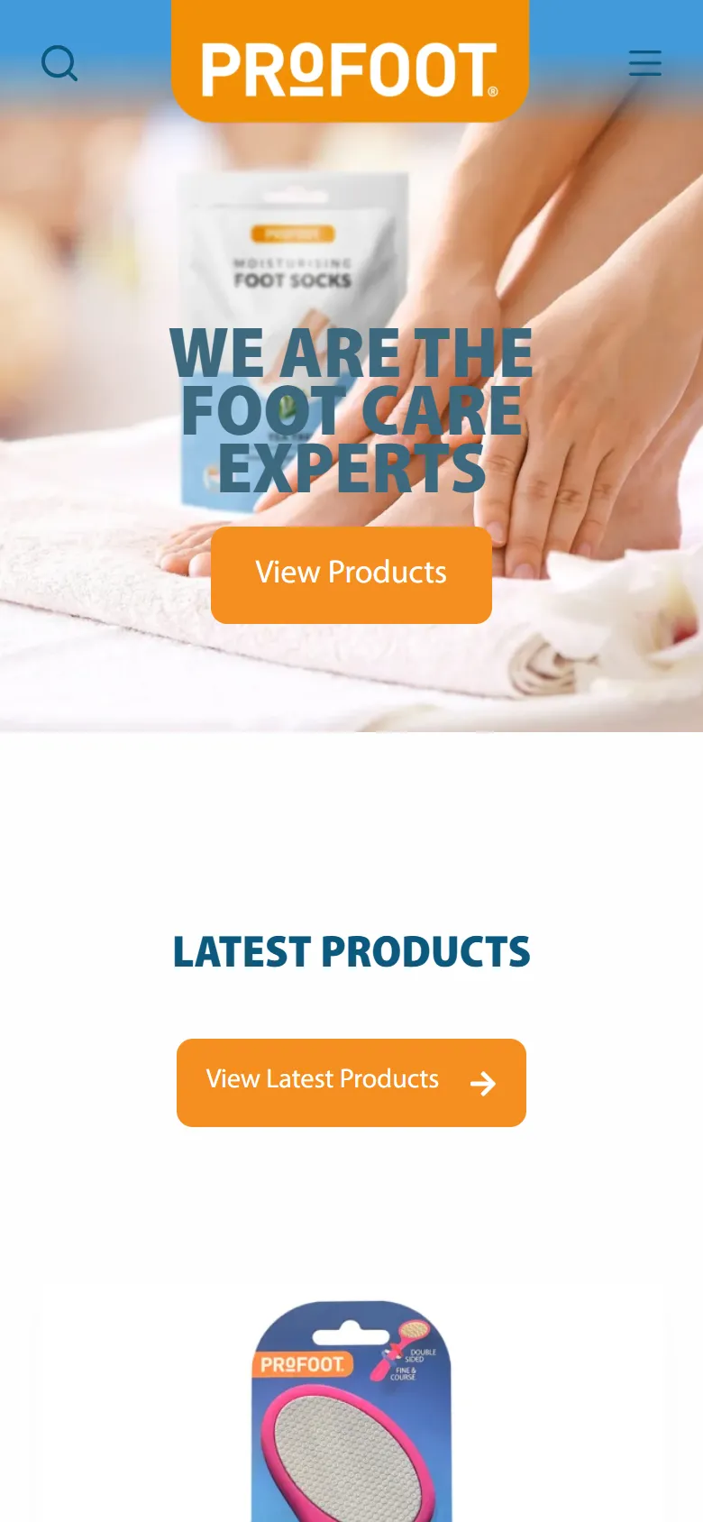 Profoot home page on a phone, with the orange Profoot logo and View Products button