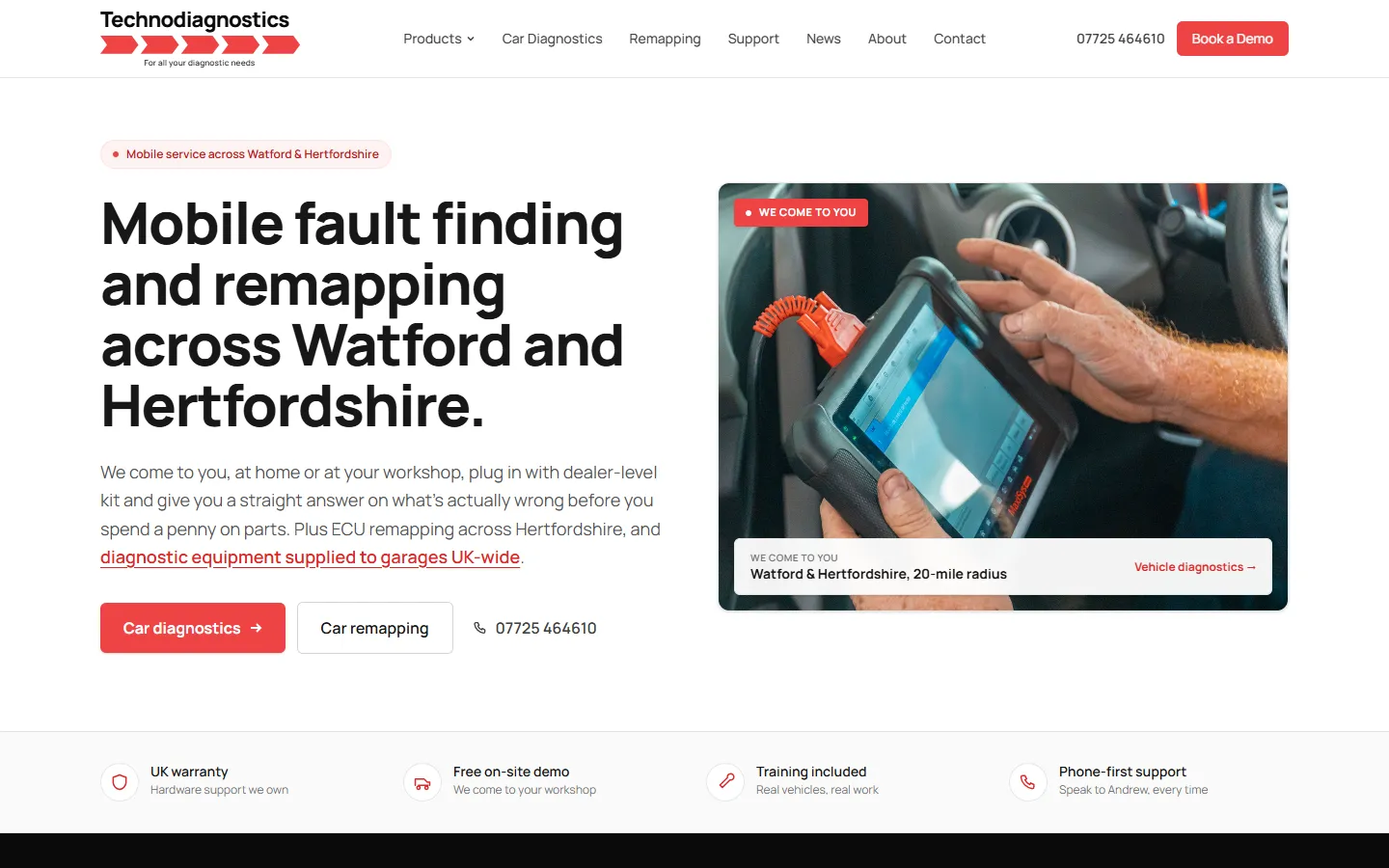 Technodiagnostics website home page: Mobile fault finding and remapping across Watford and Hertfordshire, with a scan tool photo and car diagnostics button
