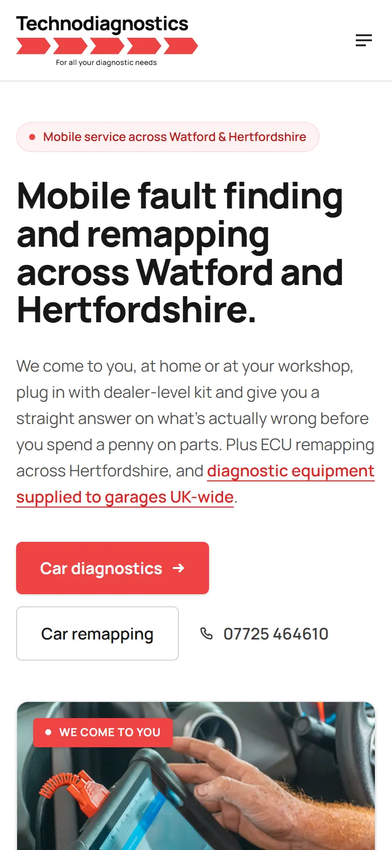 Technodiagnostics home page on a phone, with the headline, Car diagnostics and Car remapping buttons