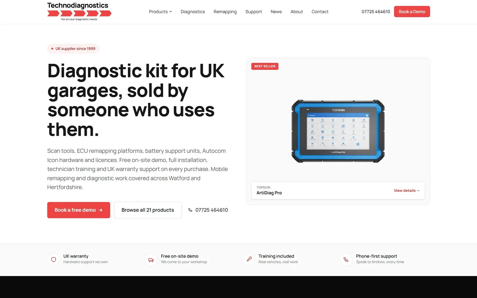 Technodiagnostics homepage showing mobile remapping and vehicle diagnostics for independent garages across Watford and Hertfordshire