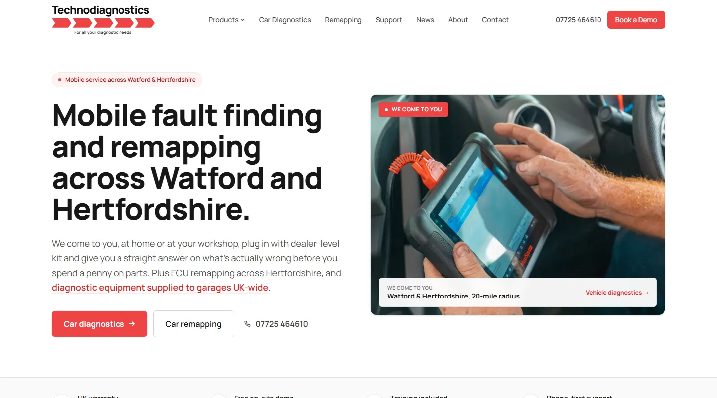 The Technodiagnostics website we built: mobile fault finding and remapping across Watford and Hertfordshire, with a diagnostics tablet in use