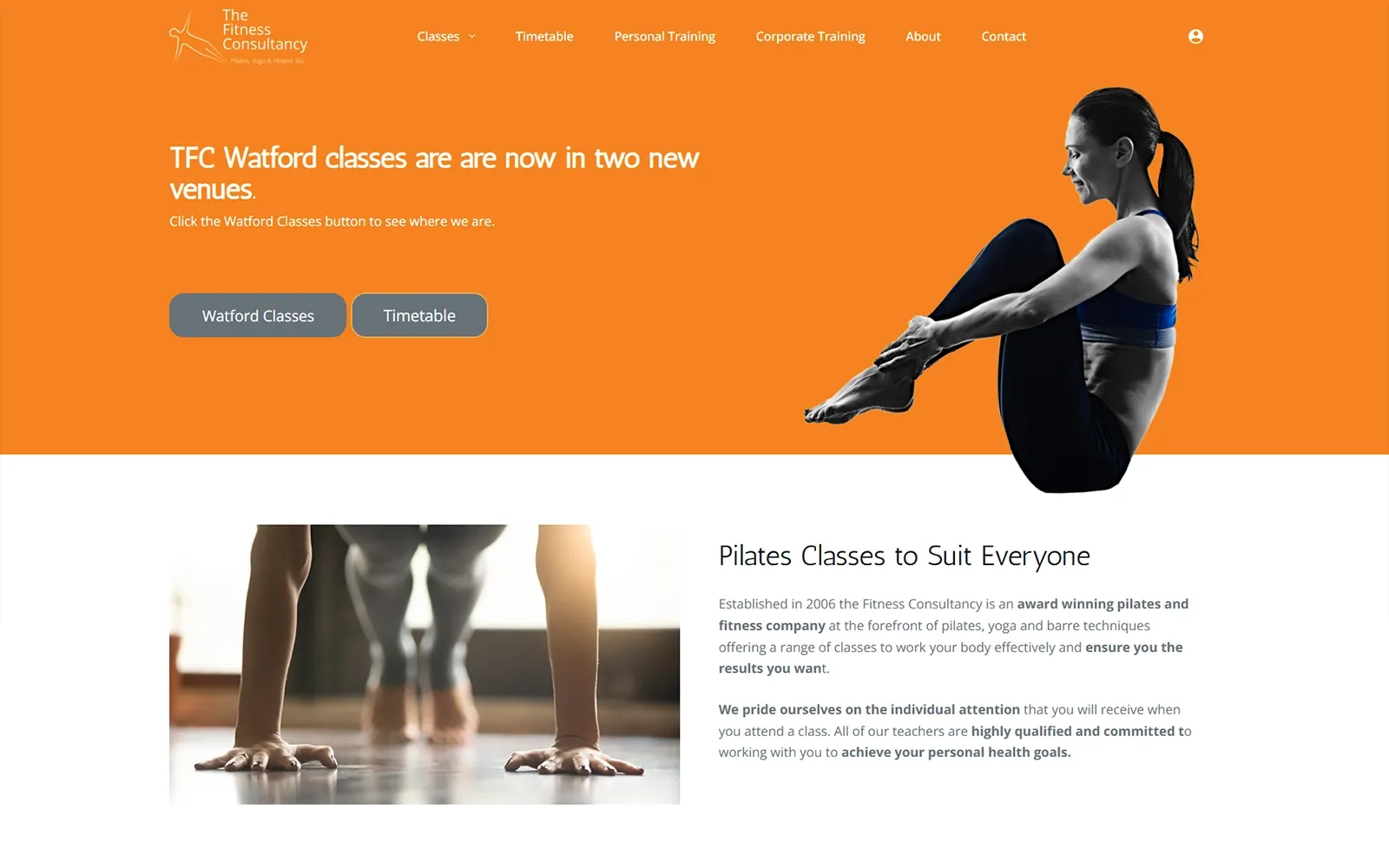 The Fitness Consultancy homepage — award-winning Pilates, yoga and barre studio in Watford and Harrow