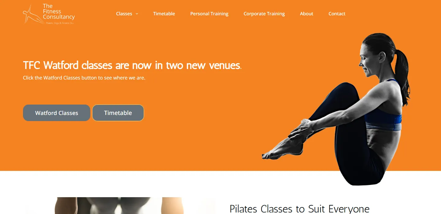 The Fitness Consultancy (TFC Studio1) website home page on an orange ground, announcing two new Watford venues