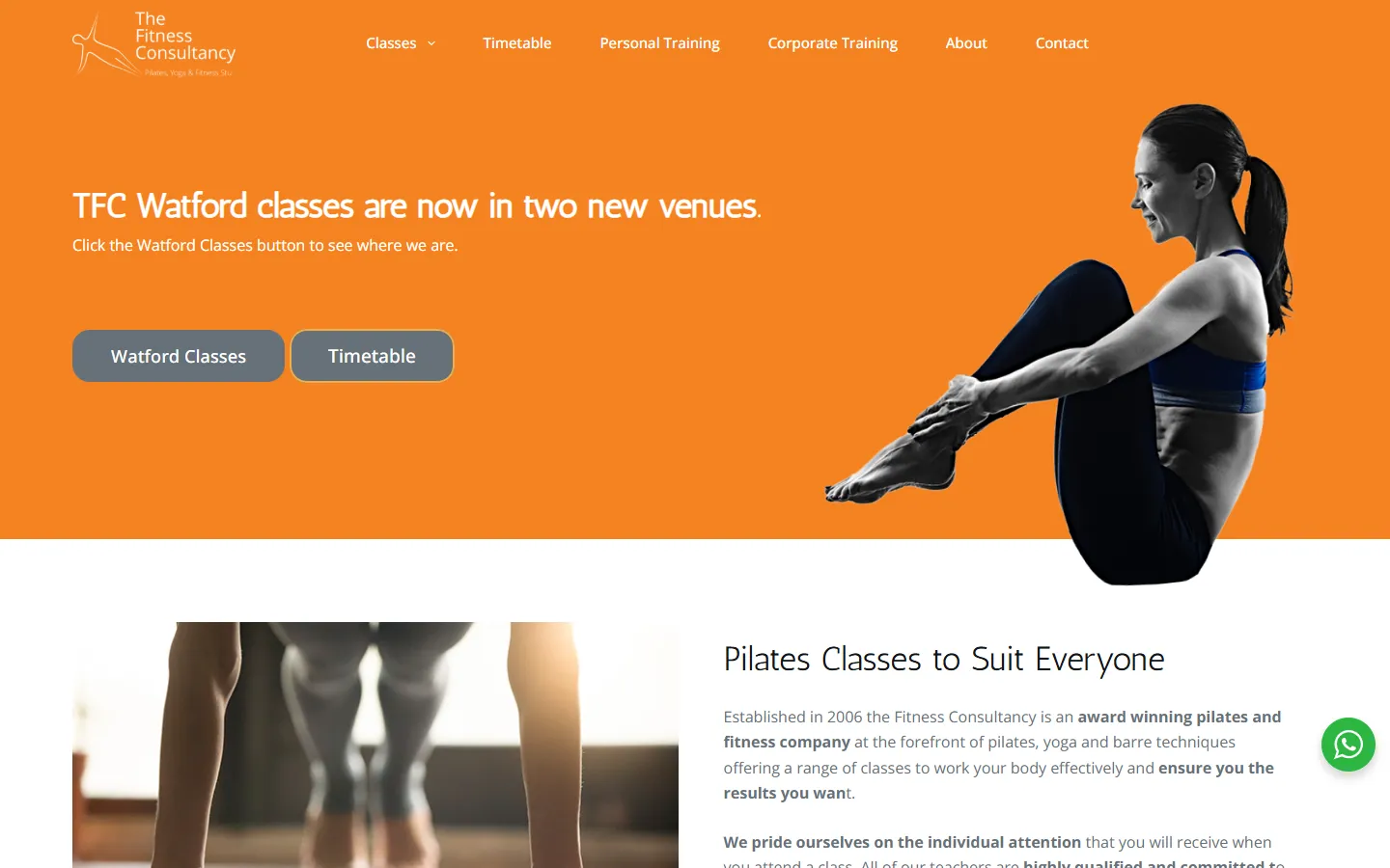 The Fitness Consultancy website home page on an orange ground: TFC Watford classes are now in two new venues, with Watford Classes and Timetable buttons