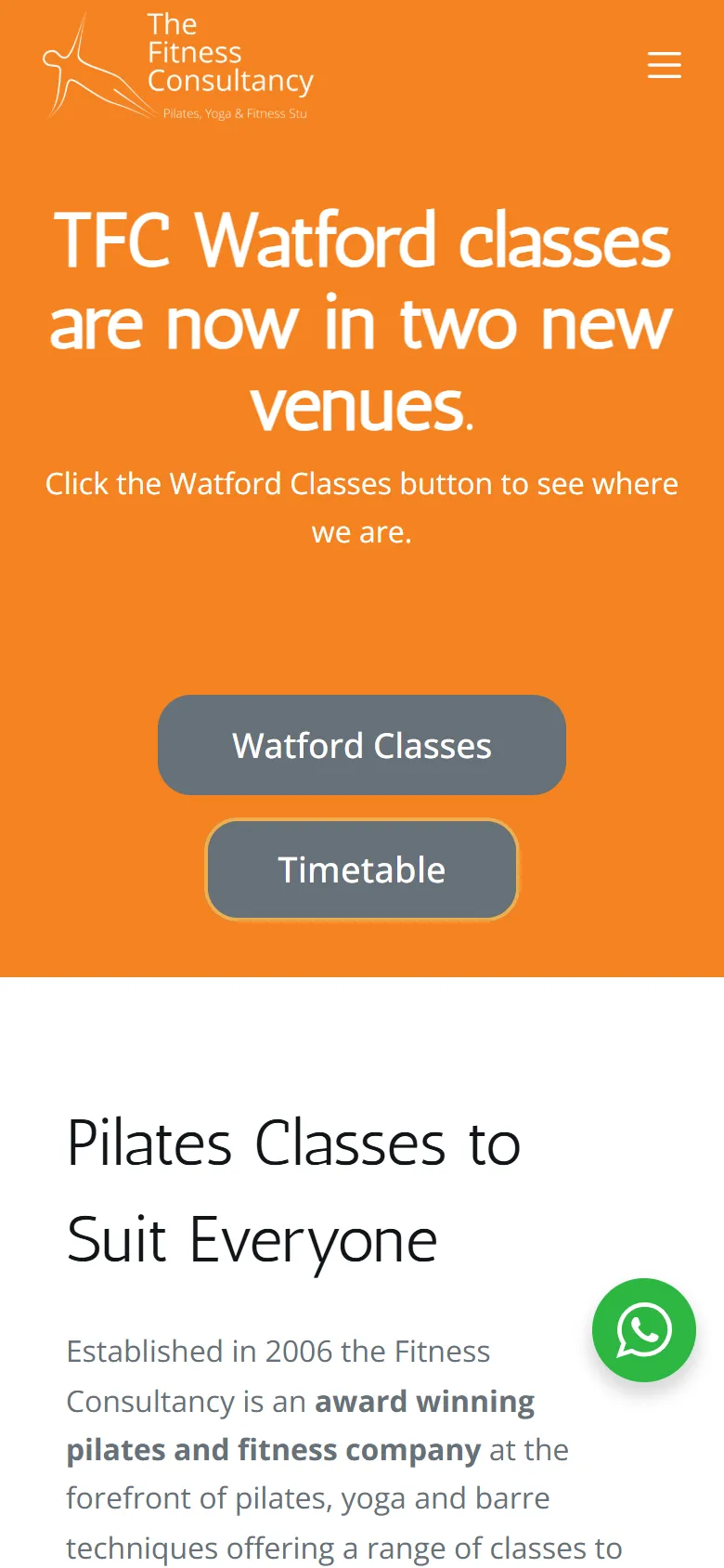 The Fitness Consultancy home page on a phone, with the new venues announcement and Timetable button