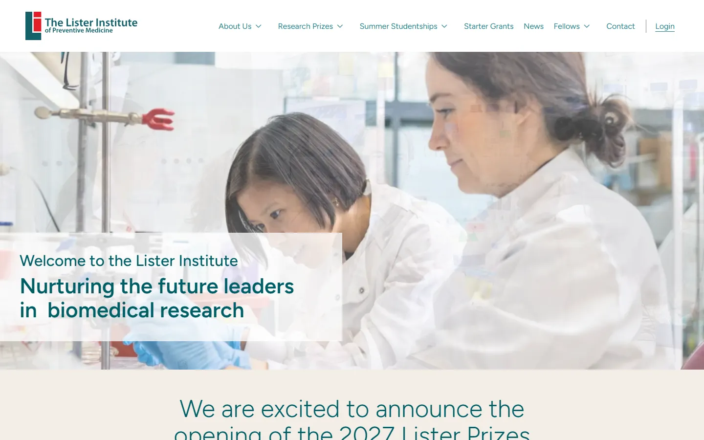 The Lister Institute website home page: two scientists at a laboratory bench beside the line Nurturing the future leaders in biomedical research