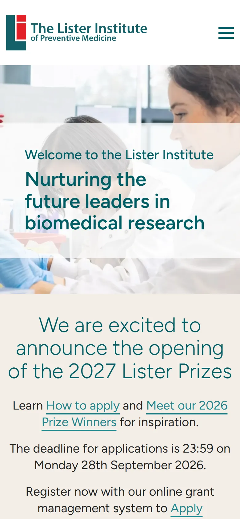 The Lister Institute home page on a phone, with the same laboratory hero and headline