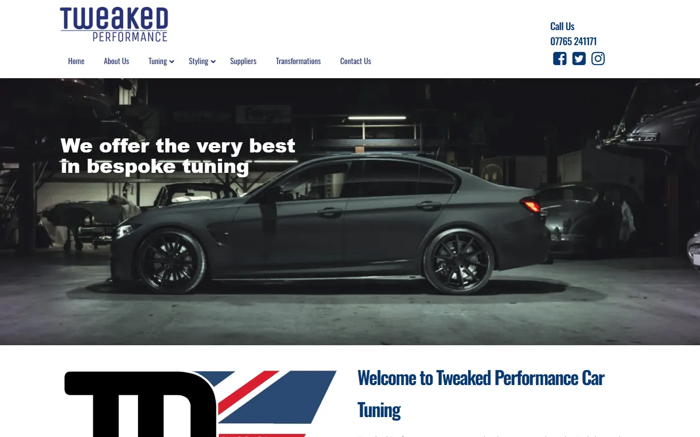 Tweaked Performance website home page: We offer the very best in bespoke tuning, over a dark photo of a BMW saloon in the workshop