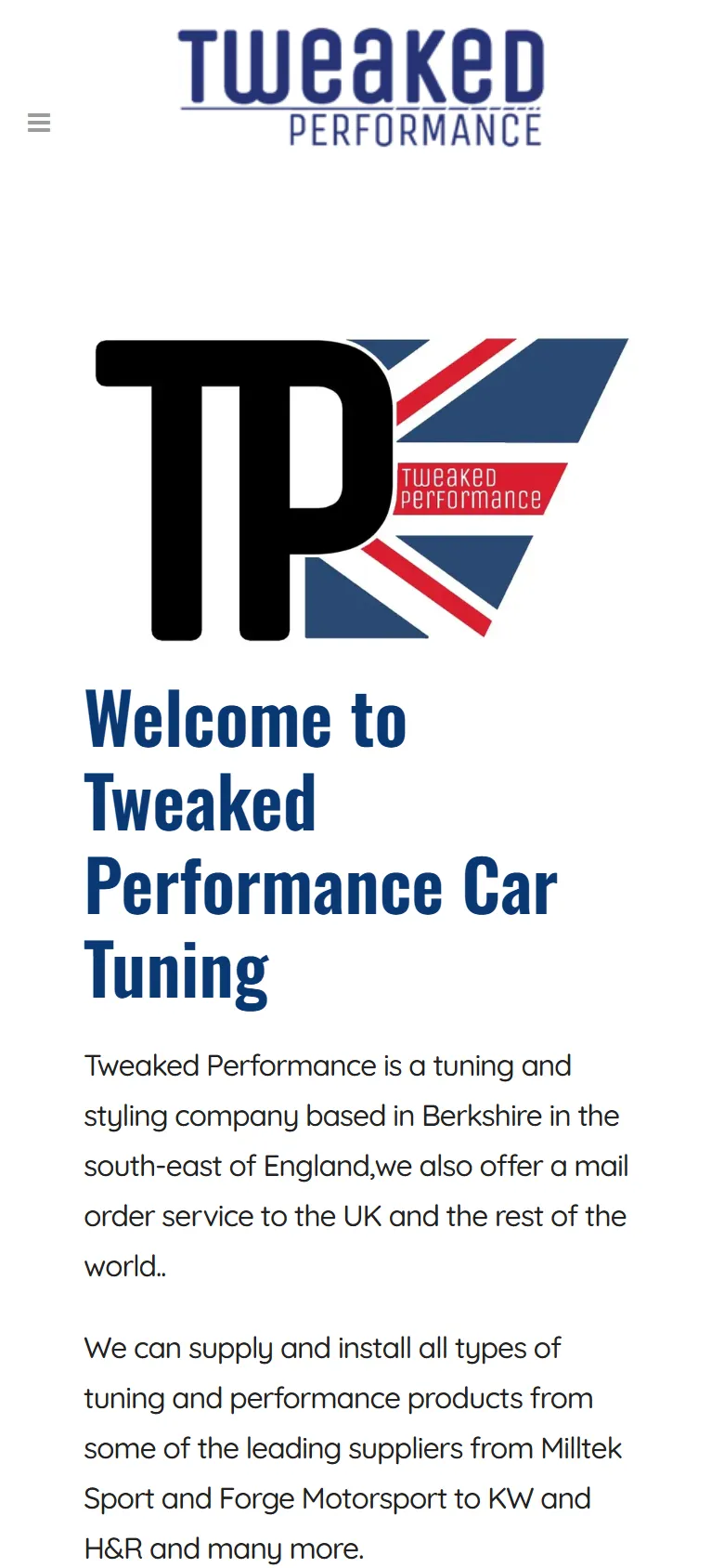 Tweaked Performance home page on a phone, with the TP logo and Welcome to Tweaked Performance Car Tuning