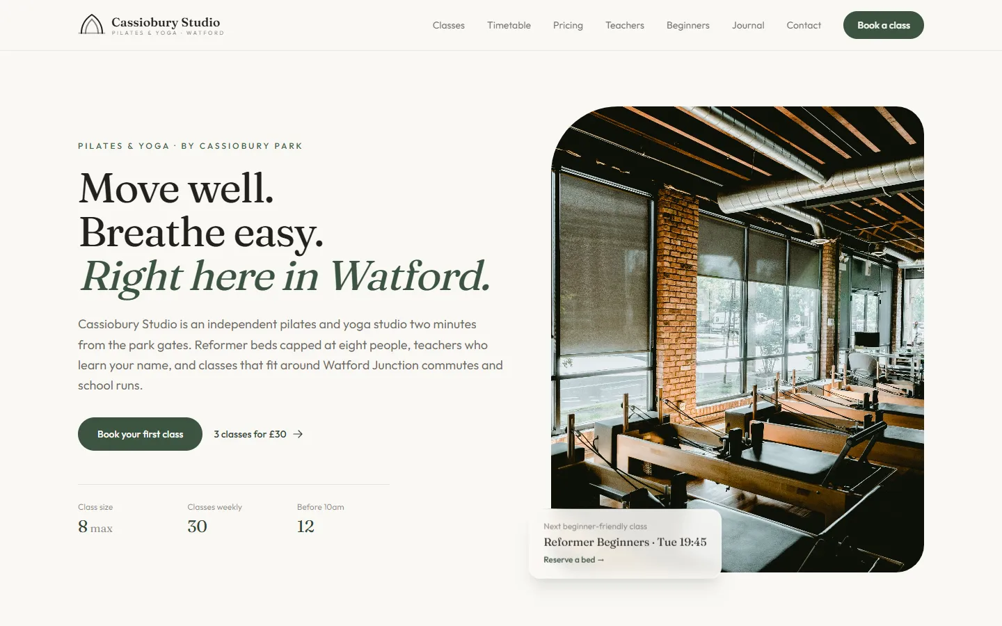 Demo website we designed for a made-up studio, Cassiobury Studio: the headline Move well. Breathe easy. Right here in Watford., a Book your first class button and a photo of a reformer Pilates room