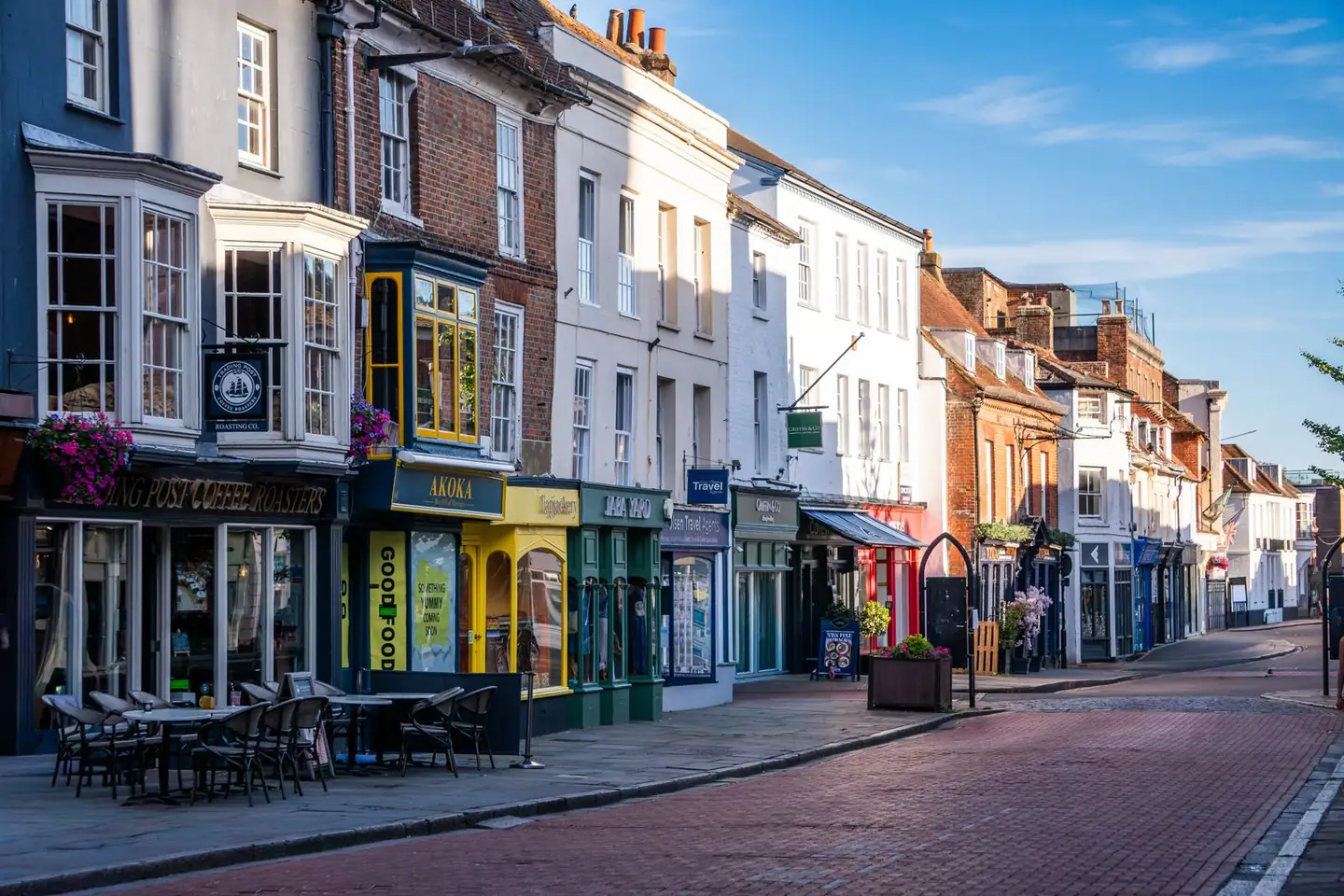 An English high street lined with independent local shops